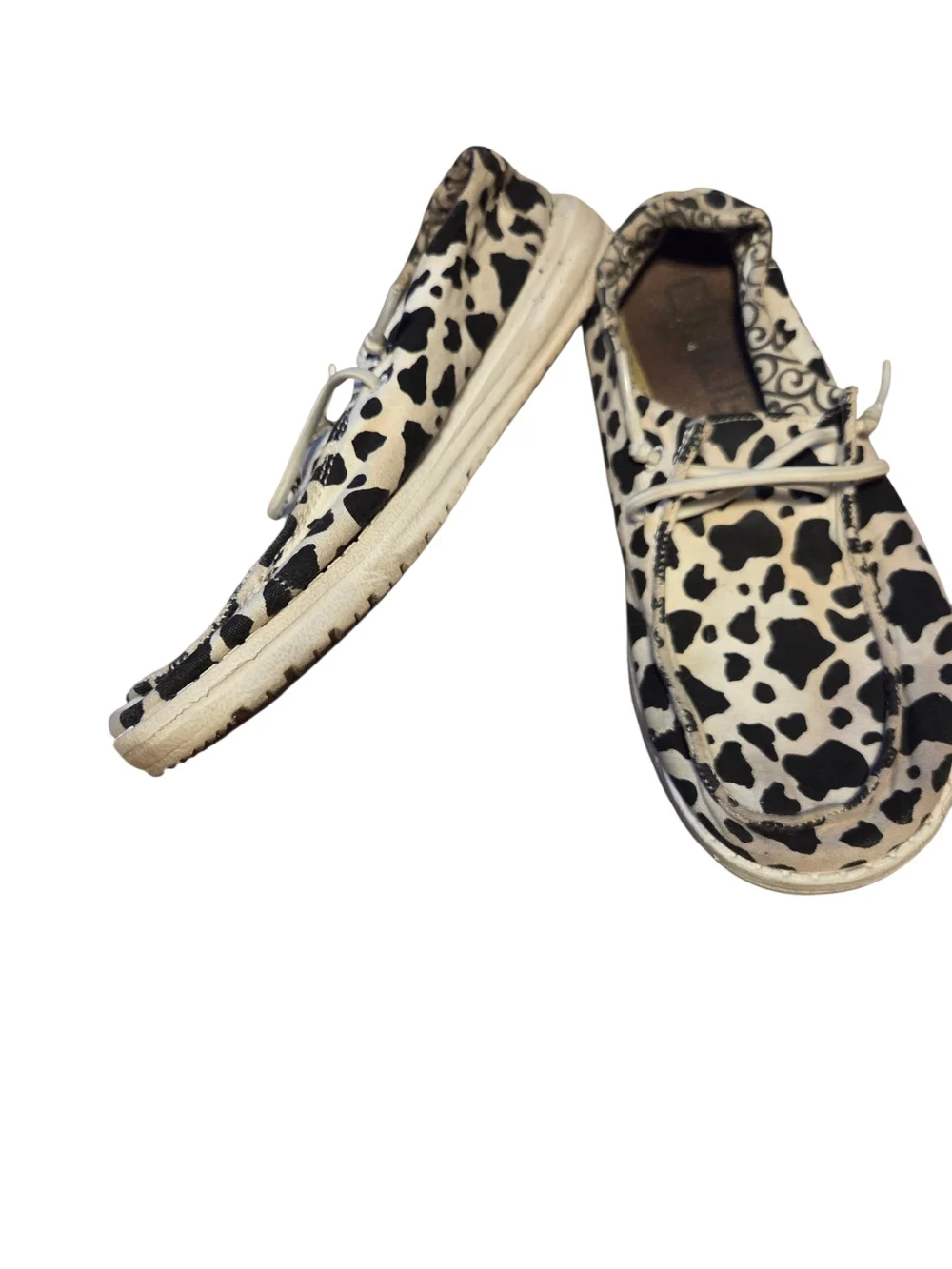 Hey Dude Women's Slip-On Loafers in Black & White Cow Print